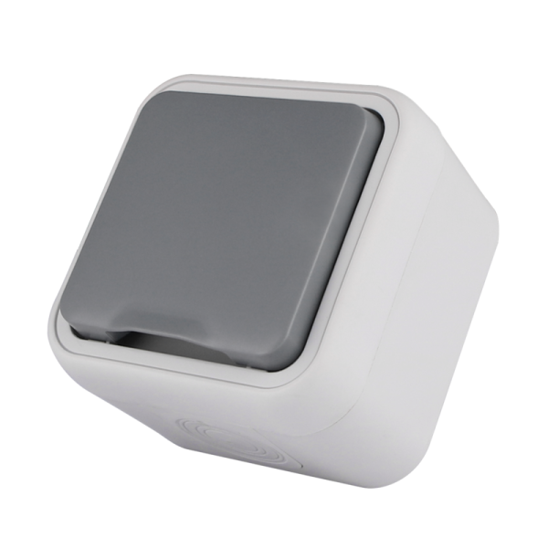 Розетка 1-я с защитной крышкой,  2К+З и шторками,  накладная,  цвет серый,  IP55,  серия W55