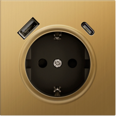 Накладка для розетки Schuko с зарядным устройством USB A+C,  с защитными шторками,  матовое золото,  серия R98 METAL