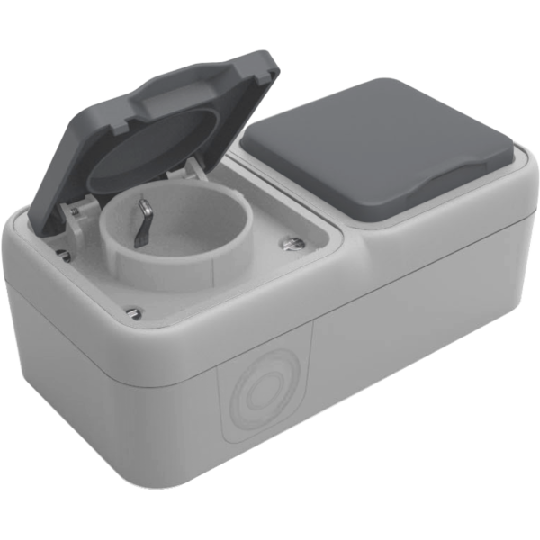 Розетка 2-я с защитной крышкой,  2К+З,  накладная,  цвет серый,  IP55,  серия W55
