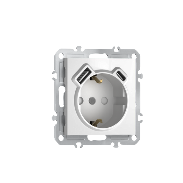 Розетка 220В с заземлением,  со шторками,  16А + зарядка USB A+C 20W,  на винтах,  глянцевый белый Donel A07