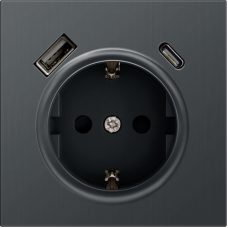 Накладка для розетки Schuko с зарядным устройством USB A+C,  с защитными шторками,  вороненая сталь,  серия R98 METAL