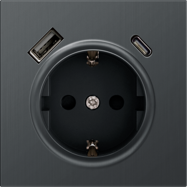 Накладка для розетки Schuko с зарядным устройством USB A+C,  с защитными шторками,  вороненая сталь,  серия R98 METAL