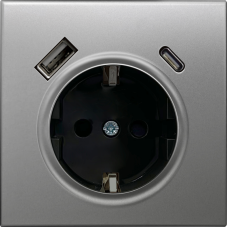 Накладка для розетки Schuko с зарядным устройством USB A+C,  с защитными шторками,  благородная сталь,  серия R98 METAL