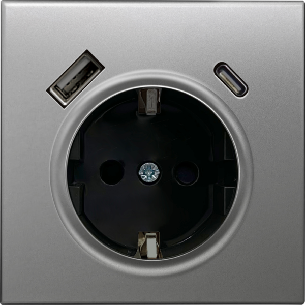 Накладка для розетки Schuko с зарядным устройством USB A+C,  с защитными шторками,  благородная сталь,  серия R98 METAL