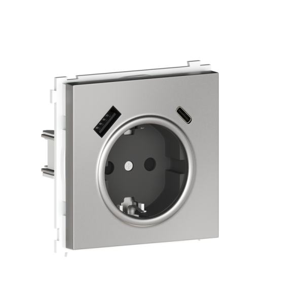 Розетка с заземлением и шторками Schuko 16А 250В + зарядка USB A+C 20W,  благородная сталь Donel R98 Metal