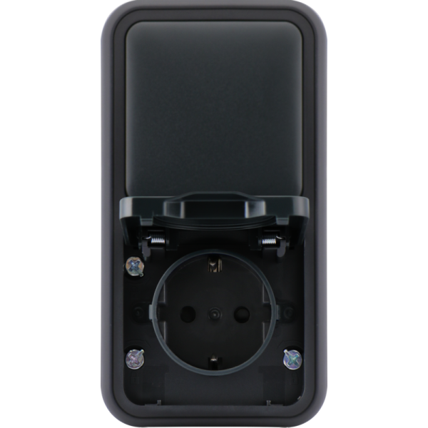 Двойной блок накладной,  розетка с защитной крышкой+переключатель 1-клавишный,  цвет антрацит,  IP55,  серия W55