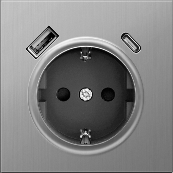 Накладка для розетки Schuko с зарядным устройством USB A+C,  с защитными шторками,  никель,  серия R98 METAL