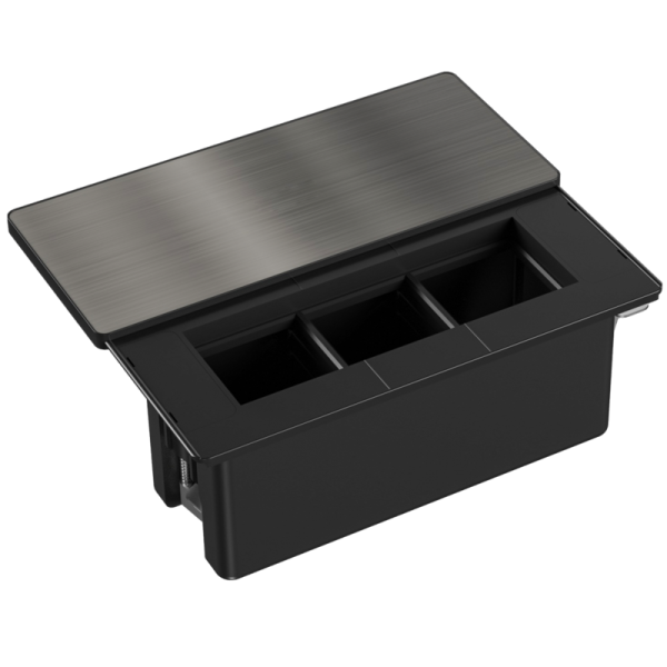 Настольный встраиваемый розеточный блок с сдвижной крышкой из стали Slider 6 мод. (3 мод. 45х45),  черный