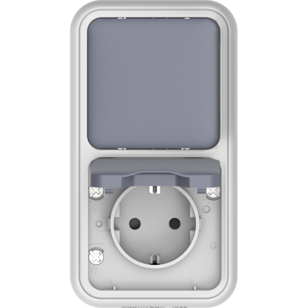 Двойной блок накладной,  розетка с защитной крышкой+переключатель 1-клавишный,  цвет серый,  IP55,  серия W55