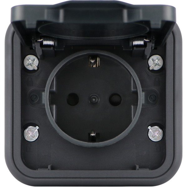 Розетка 1-я с защитной крышкой,  2К+З и шторками,  накладная,  цвет антрацит,  IP55,  серия W55