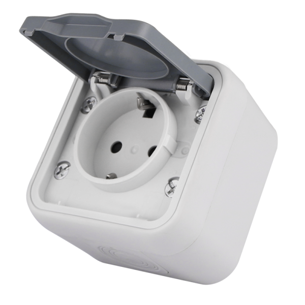 Розетка 1-я с защитной крышкой,  2К+З и шторками,  накладная,  цвет серый,  IP55,  серия W55