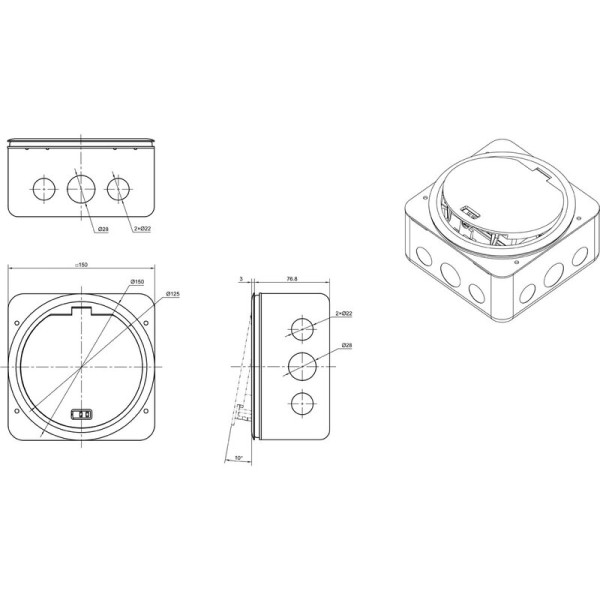 Лючок в пол 4 мод. (2 мод. 45х45 мм.),  античная латунь,  круглый,  металл,  IP65