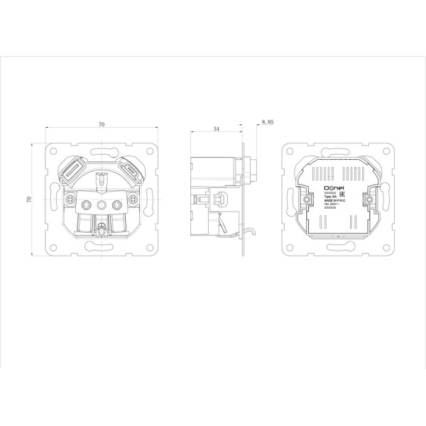 Механизм розетки Schuko 16А 250 В~ с зарядным устройством USB A+C,  5V/4A,  мощность 20W,  серия DA
