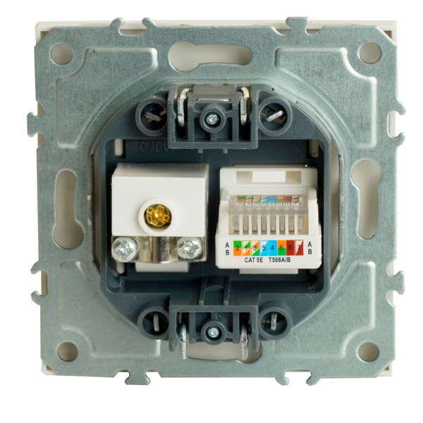 Розетка TV + компьютерная RJ-45 (механизм), STEKKER, серия Эмили, RST00-5106-01, белый фарфор, soft touch  49872