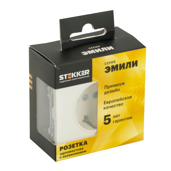Розетка 1-местная с защитной шторкой с/з (механизм), STEKKER, 250В, 16А, серия Эмили, RST16-5110-01, белый фарфор, soft touch  4