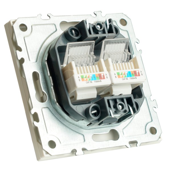 Розетка компьютерная 2-местная RJ-45 (механизм), STEKKER,  серия Эмили, RST00-5111-01, белый фарфор, soft touch  49874
