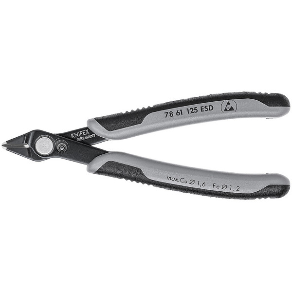 Бокорезы прецизионные Electronic Super Knips® кромка без фаски, L-125 мм, антистатические, твердость 64 HRC, чёрные, 2-комп. рукоятки ESD (KNIPEX)