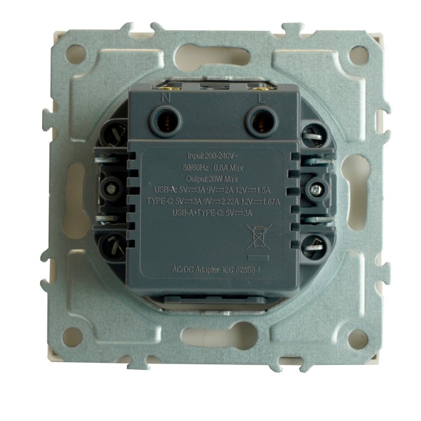 Розетка 2-местная USB + Type C (механизм), STEKKER, 250В, 20W, серия Эмили, RST10-5115-01, белый фарфор, soft touch  49879