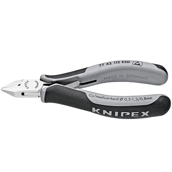 Бокорезы ESD для электроники, острая головка, без фаски, L-115 мм, 2-комп.ручкоядки (KNIPEX)