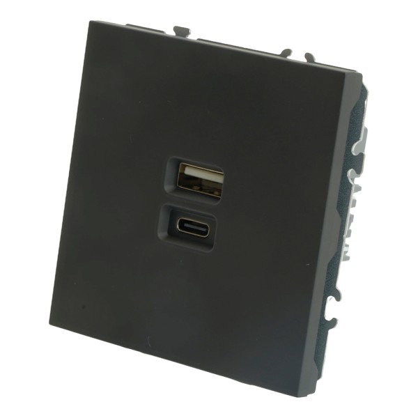 Розетка 2-местная USB + Type C (механизм), STEKKER, 250В, 20W, серия Эмили, RST10-5115-05, черный уголь, soft touch 49853