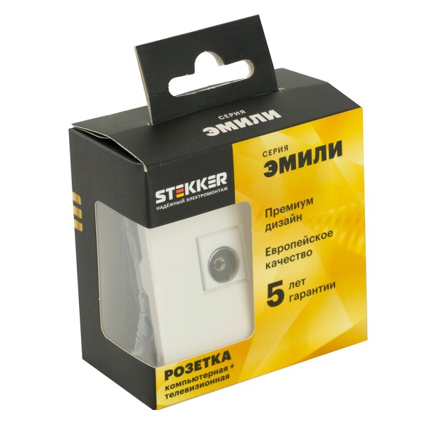 Розетка TV + компьютерная RJ-45 (механизм), STEKKER, серия Эмили, RST00-5106-01, белый фарфор, soft touch  49872