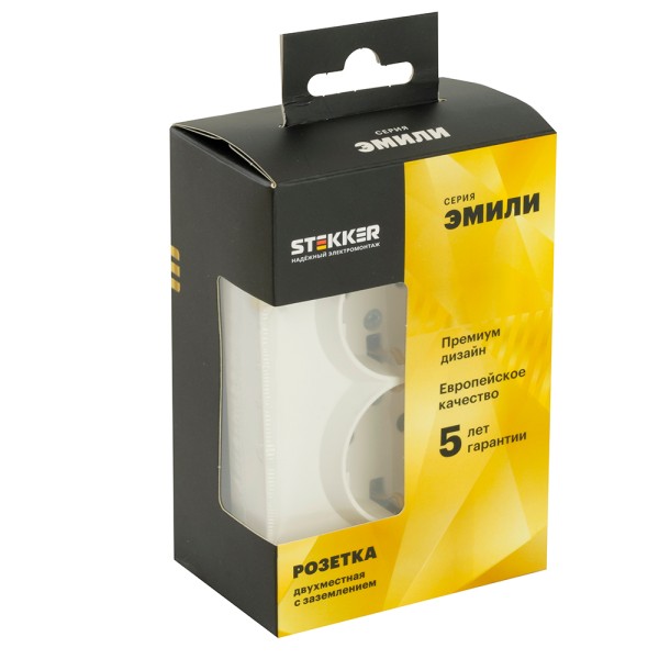 Розетка 2-местная с защитной шторкой, STEKKER, с/з, 250В, 16А, серия Эмили, RST16-5114-01, белый фарфор, soft touch  49882