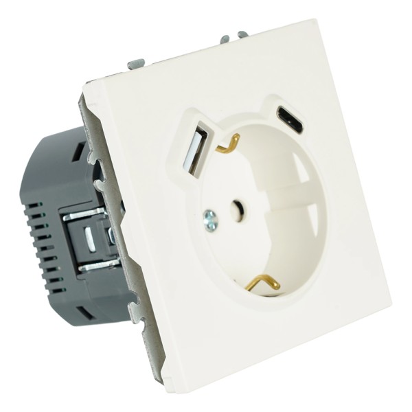 Розетка 1-местная з/ш с/з 16А + USB + Type C (механизм), Stekker, 250В, 20W, серия Эмили, белый фарфор, soft-touch, RST16-5119-0