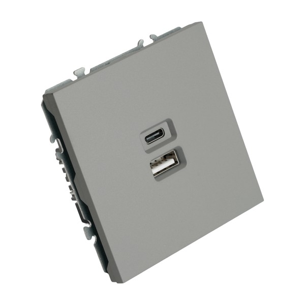Розетка 2-местная USB + Type C (механизм), STEKKER, 250В, 20W, серия Эмили, RST10-5115-10, платиново-серый, soft touch 49957