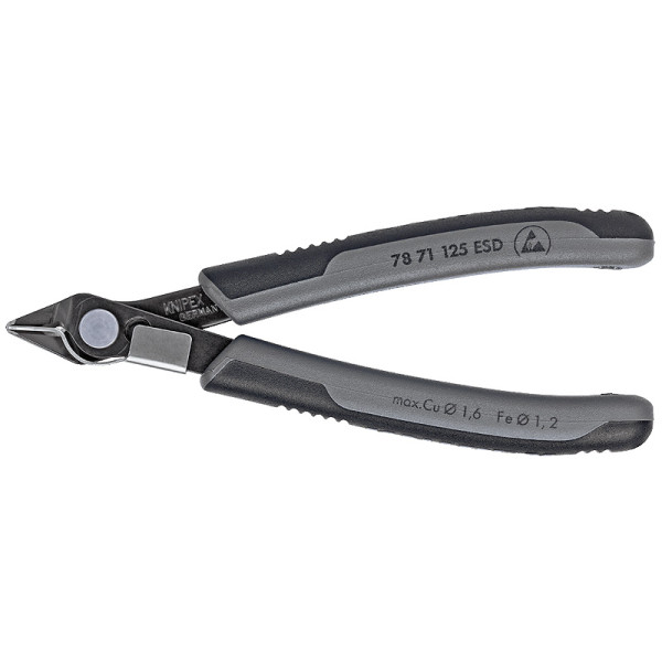 Бокорезы прецизионные Electronic Super Knips®, кромка без фаски, L-125 мм, антистатические, чёрные, 2-комп. рукоятки (KNIPEX)